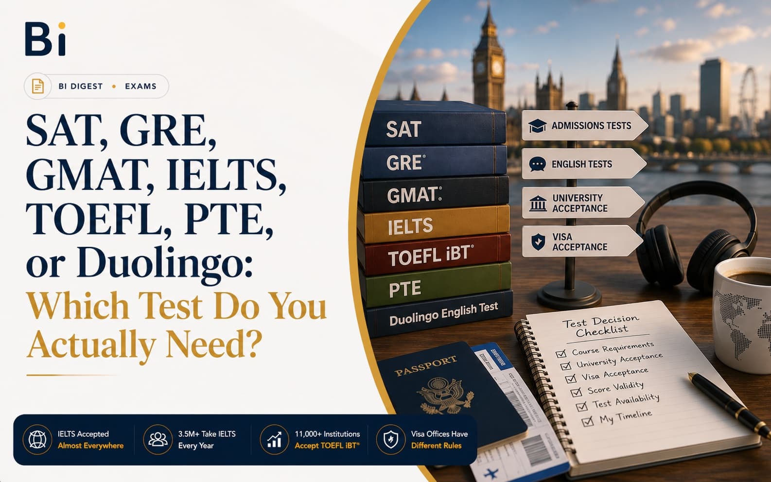 Editorial graphic comparing SAT, GRE, GMAT, IELTS, TOEFL, PTE, and Duolingo, with a stack of labeled test books, a passport, boarding pass, and a test decision checklist on a desk overlooking London