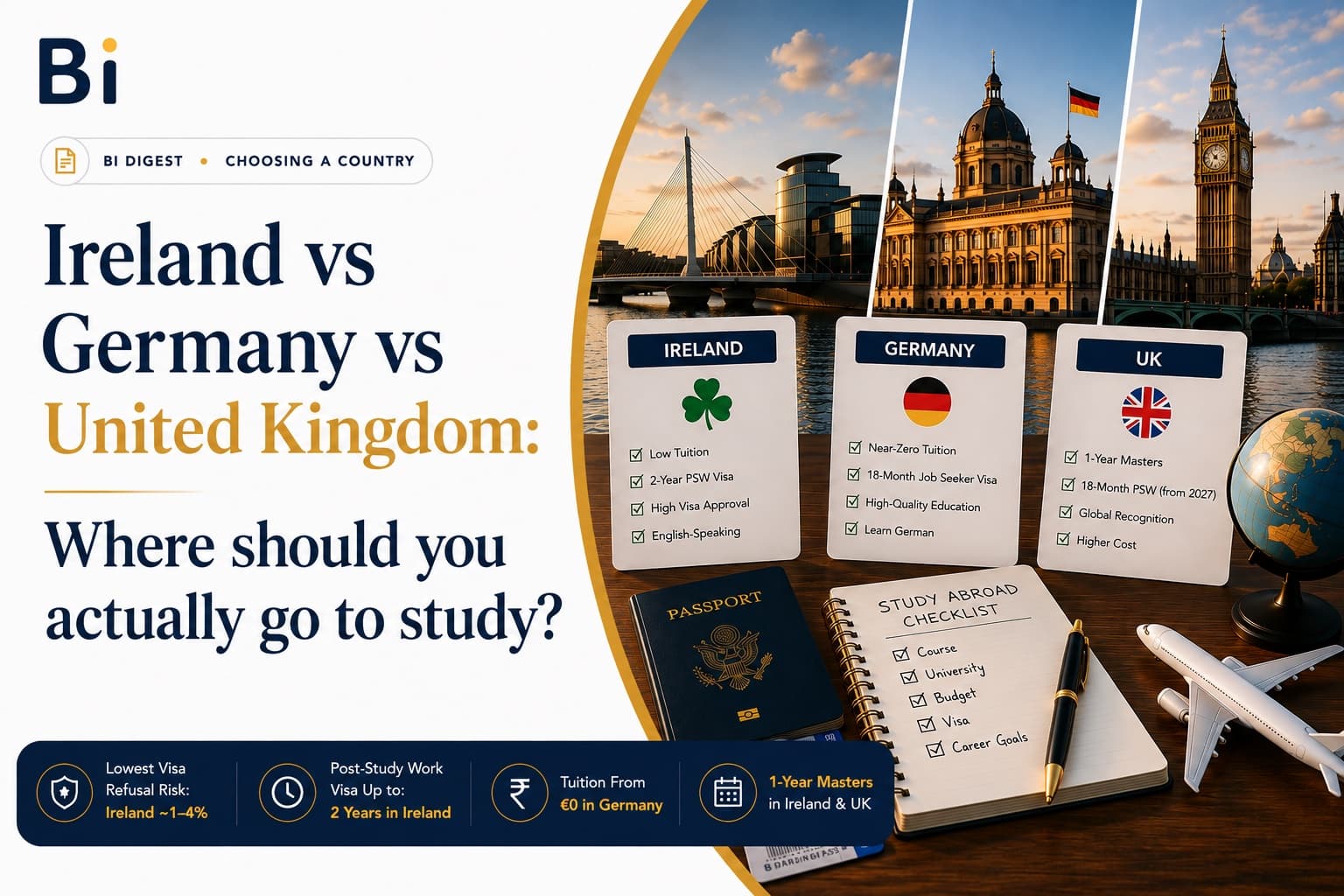 Editorial graphic comparing Ireland, Germany, and the UK for study abroad, with a passport, notebook, and country comparison cards laid out on a desk