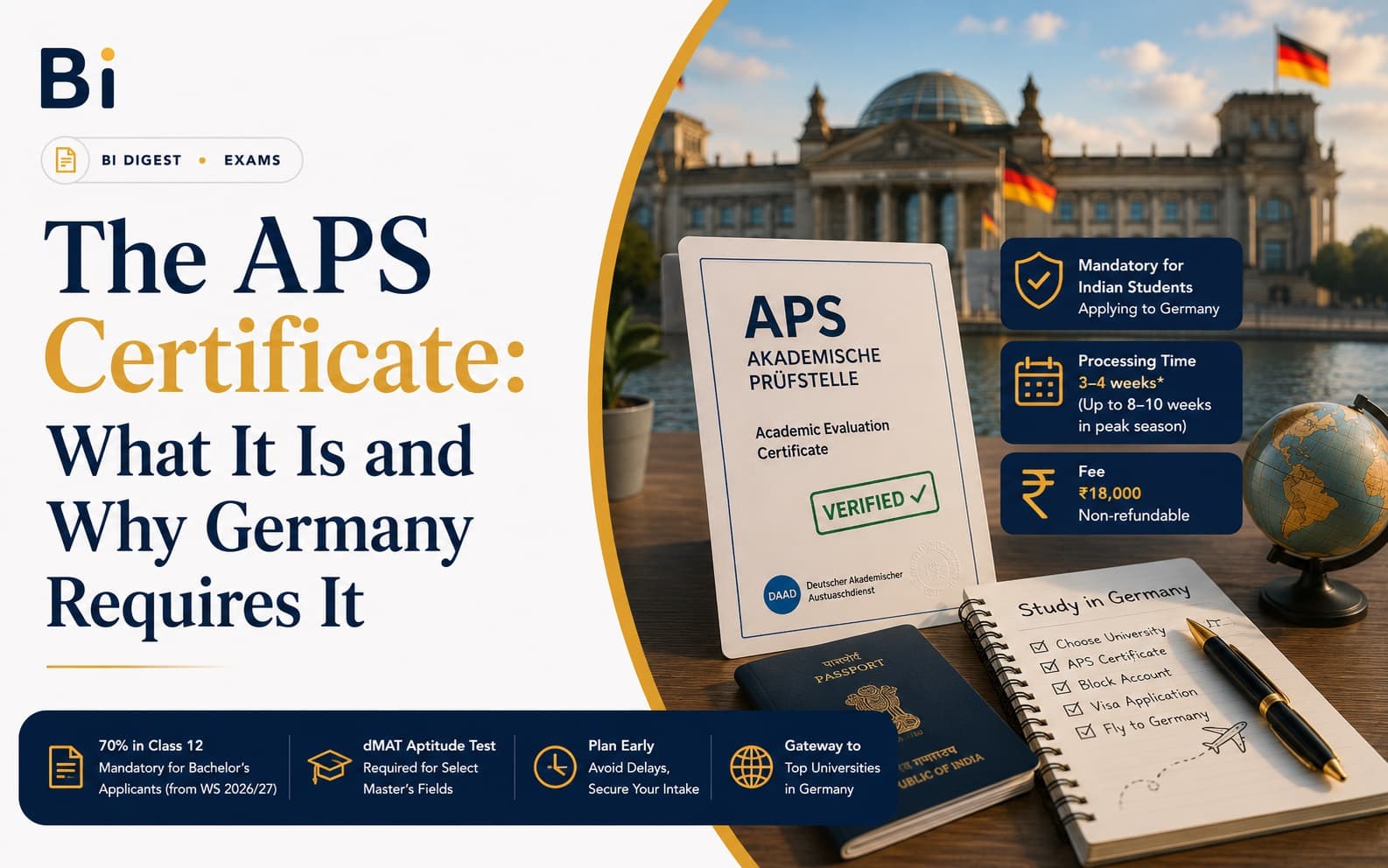Editorial graphic on the APS certificate for Germany, showing a document verification checklist, passport, and academic transcripts on a desk