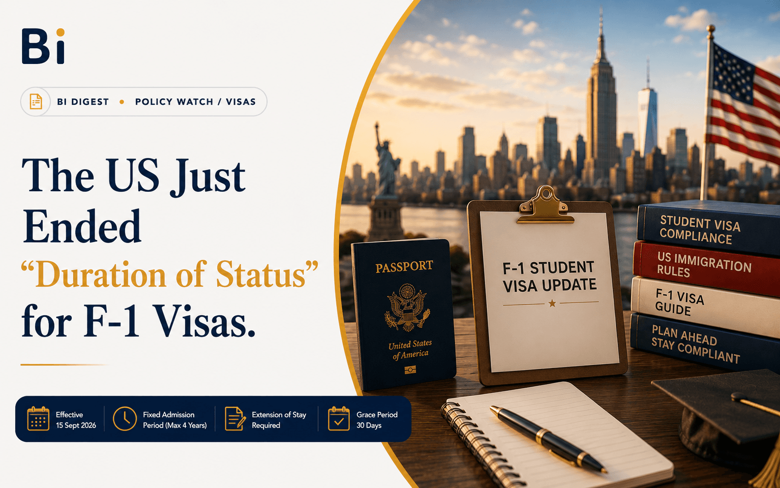 Editorial cover graphic on the end of Duration of Status for F-1 visas, showing a US passport, F-1 student visa update clipboard, and the New York skyline